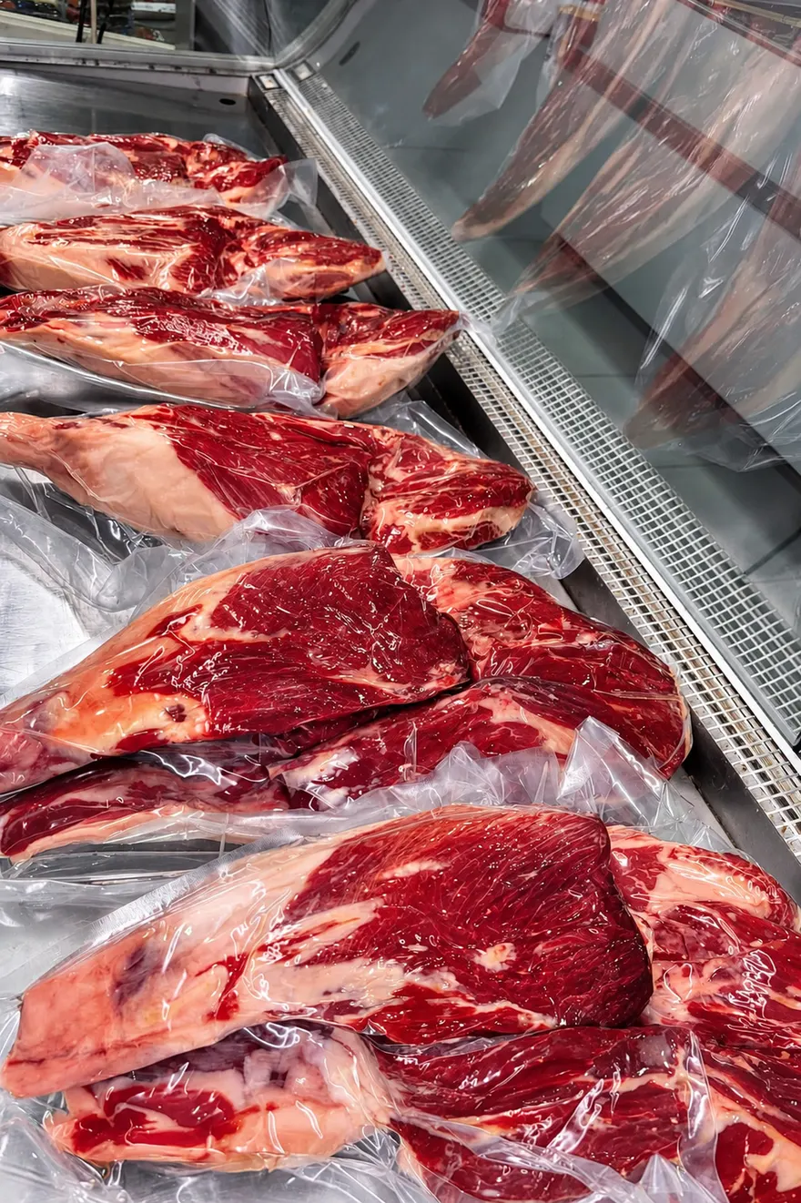 Vitrina refrigerada con cortes de carne envasados
